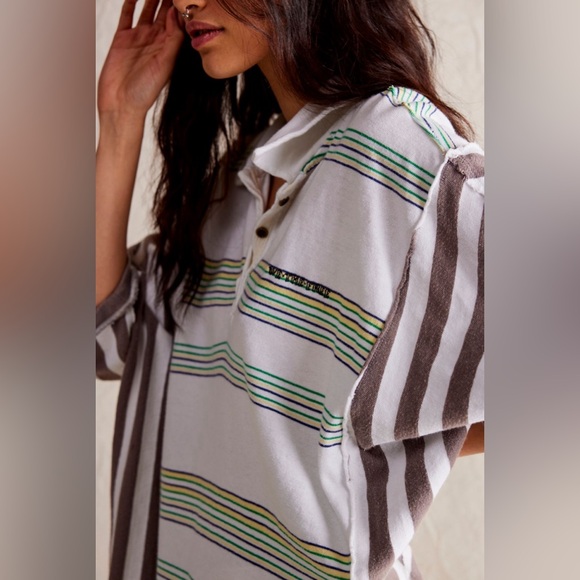 Free People We The Free Schools Out Polo Striped Oversized Button Top - Picture 4 of 6